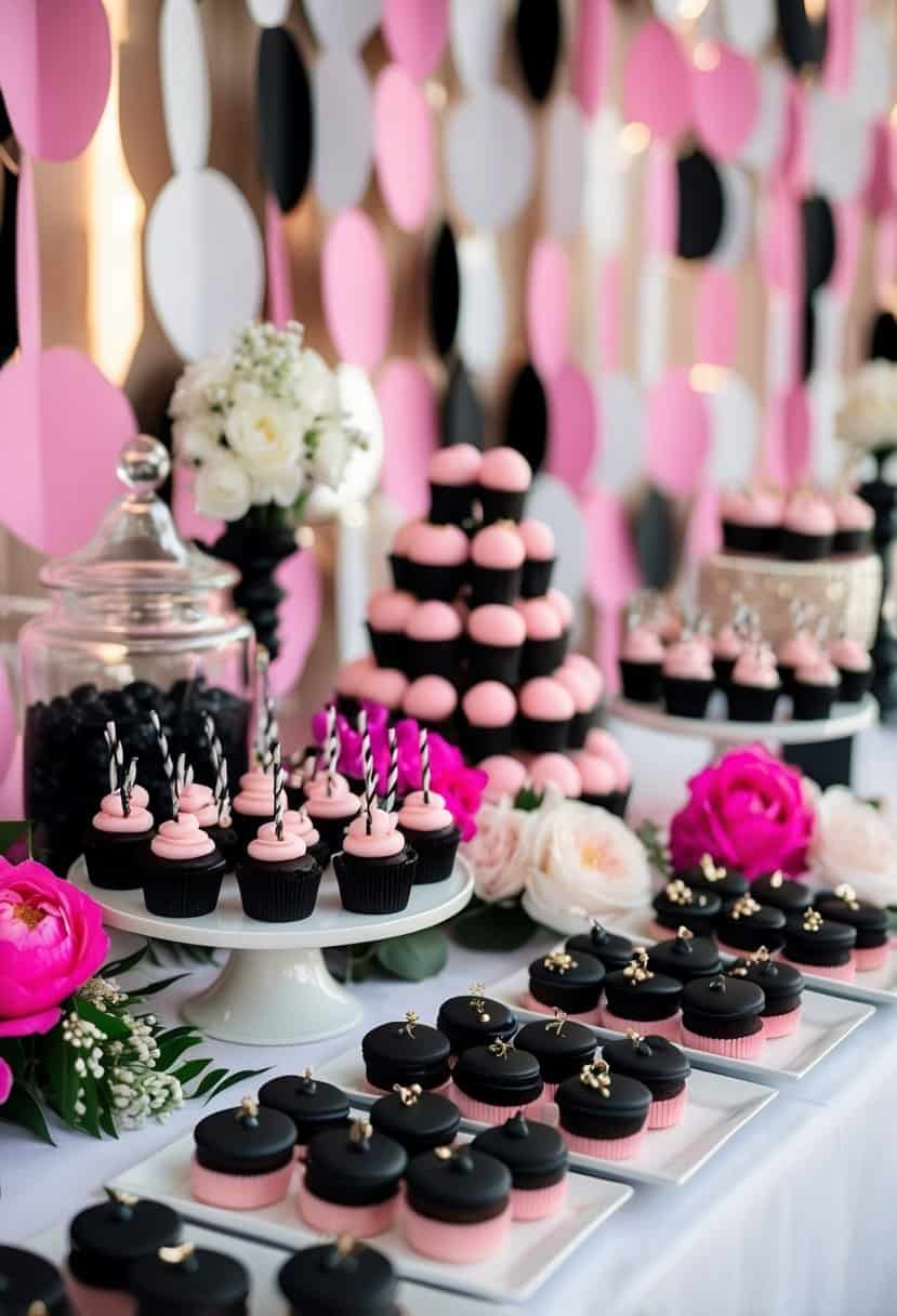 A dessert table adorned with black and pink treats, surrounded by wedding decor in matching colors