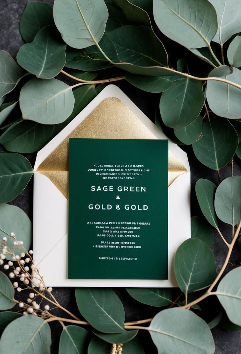 A sage green and gold invitation nestled among eucalyptus leaves and delicate gold accents
