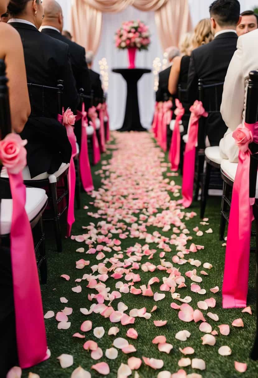 Aisle lined with pink rose petals, surrounded by black and pink wedding decor