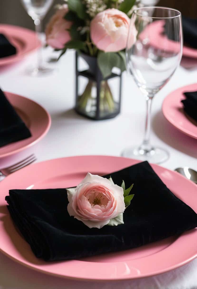 Black velvet napkins folded neatly on pink plates, creating a striking contrast of black and pink for a wedding color scheme