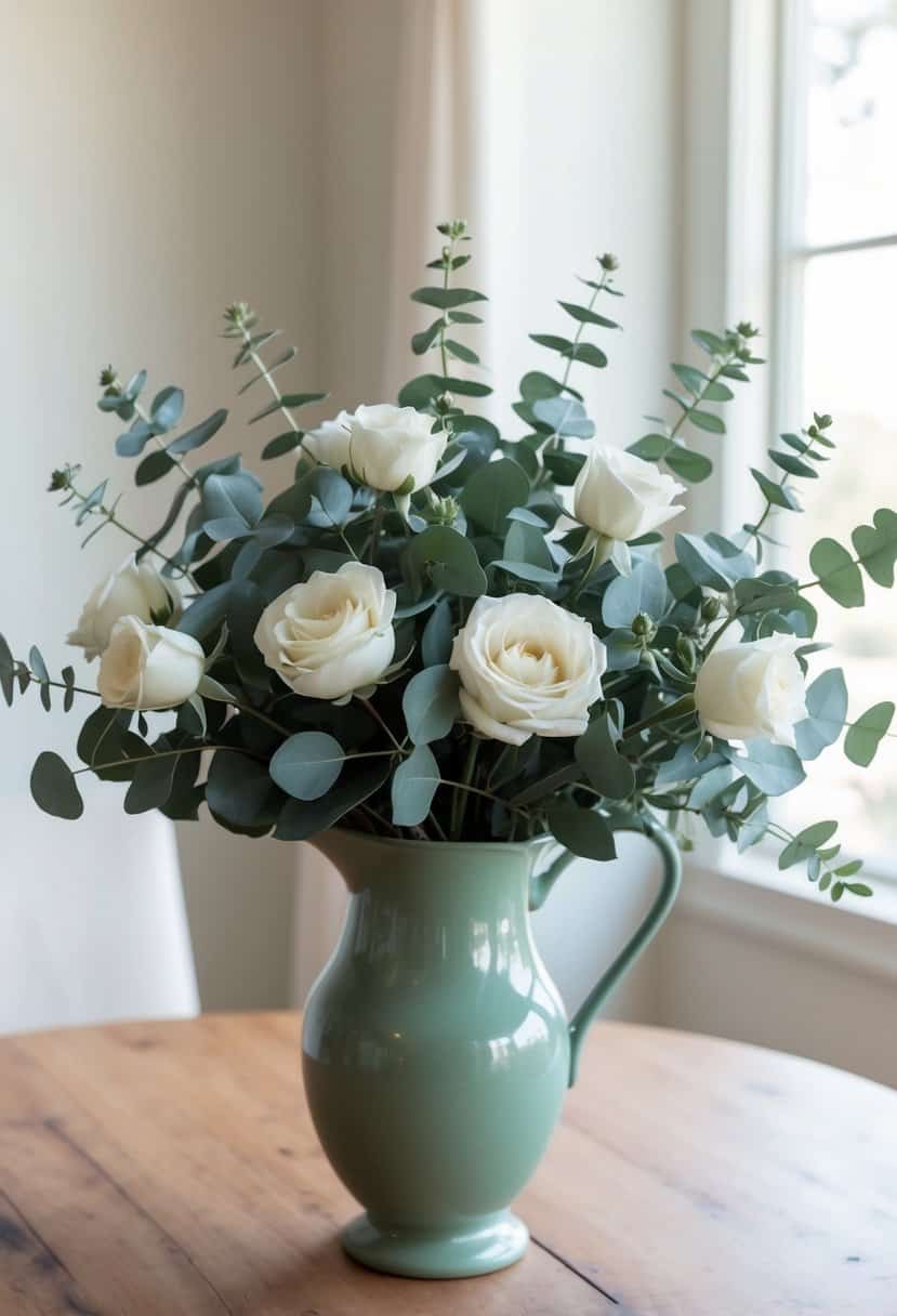 A bouquet of eucalyptus and white roses arranged in a sage green vase, set on a wooden table with soft natural light streaming in from a nearby window