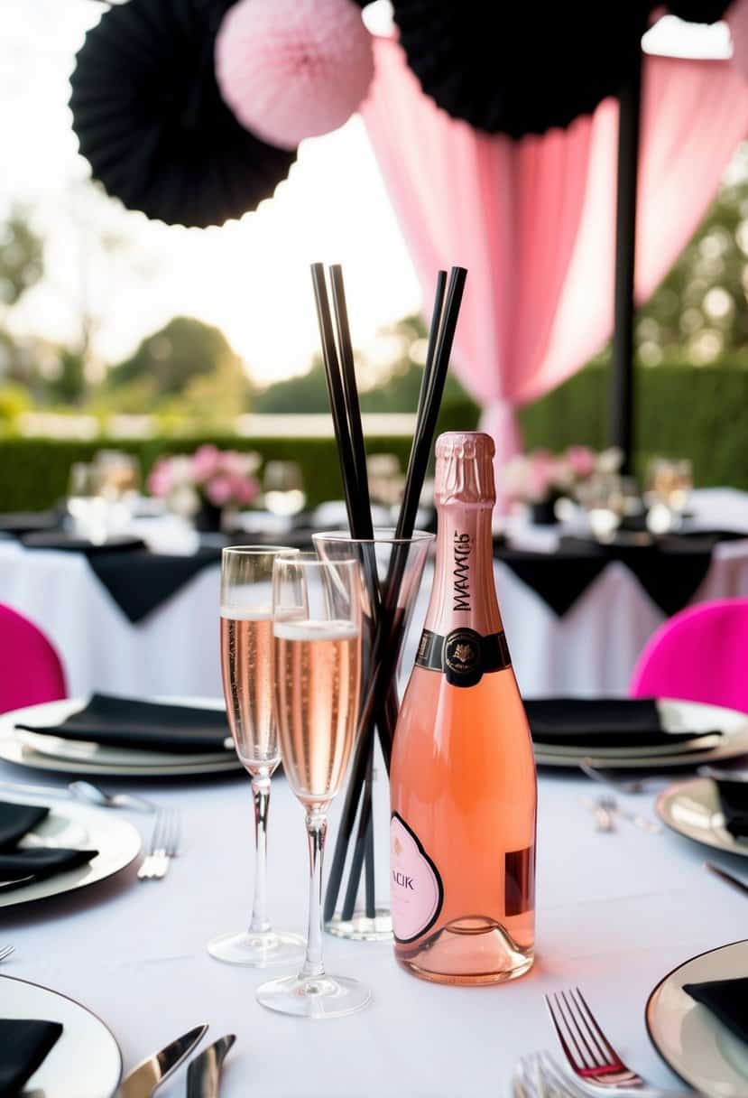 A table set with pink champagne and black straws, surrounded by black and pink wedding decor
