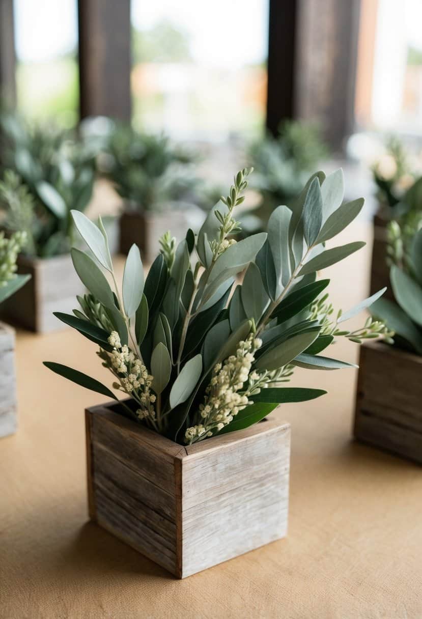 Sage green olive branch boutonnieres arranged in a rustic wooden box on a table