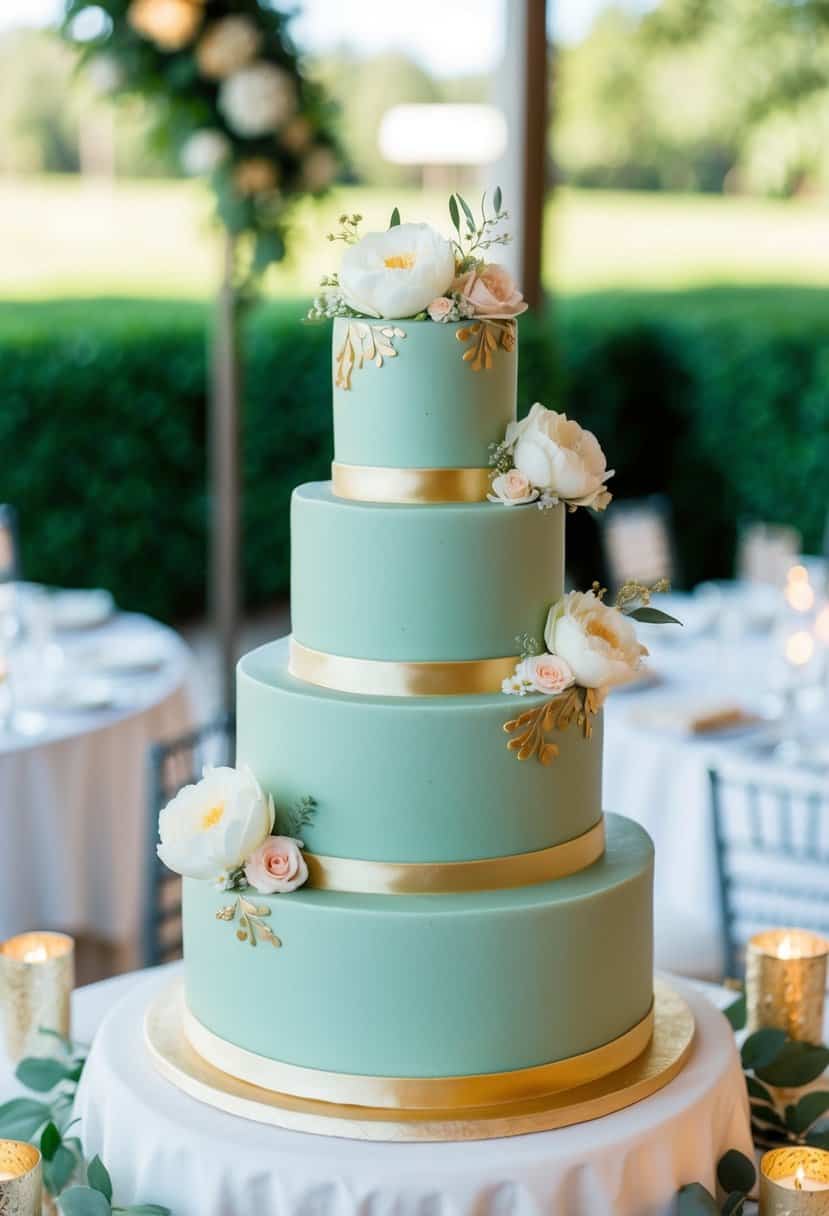 A three-tiered sage green wedding cake adorned with gold accents and delicate floral decorations