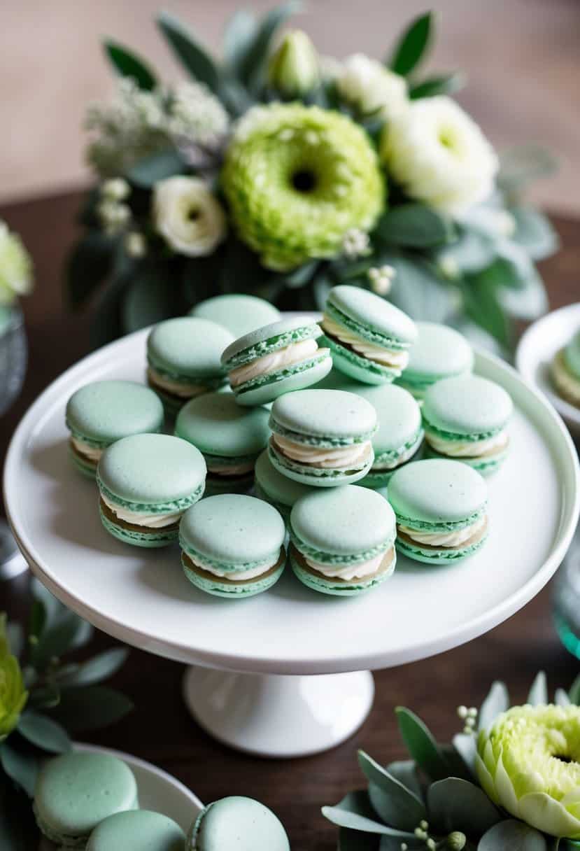 A table adorned with mint green macarons, surrounded by sage green floral arrangements and decor
