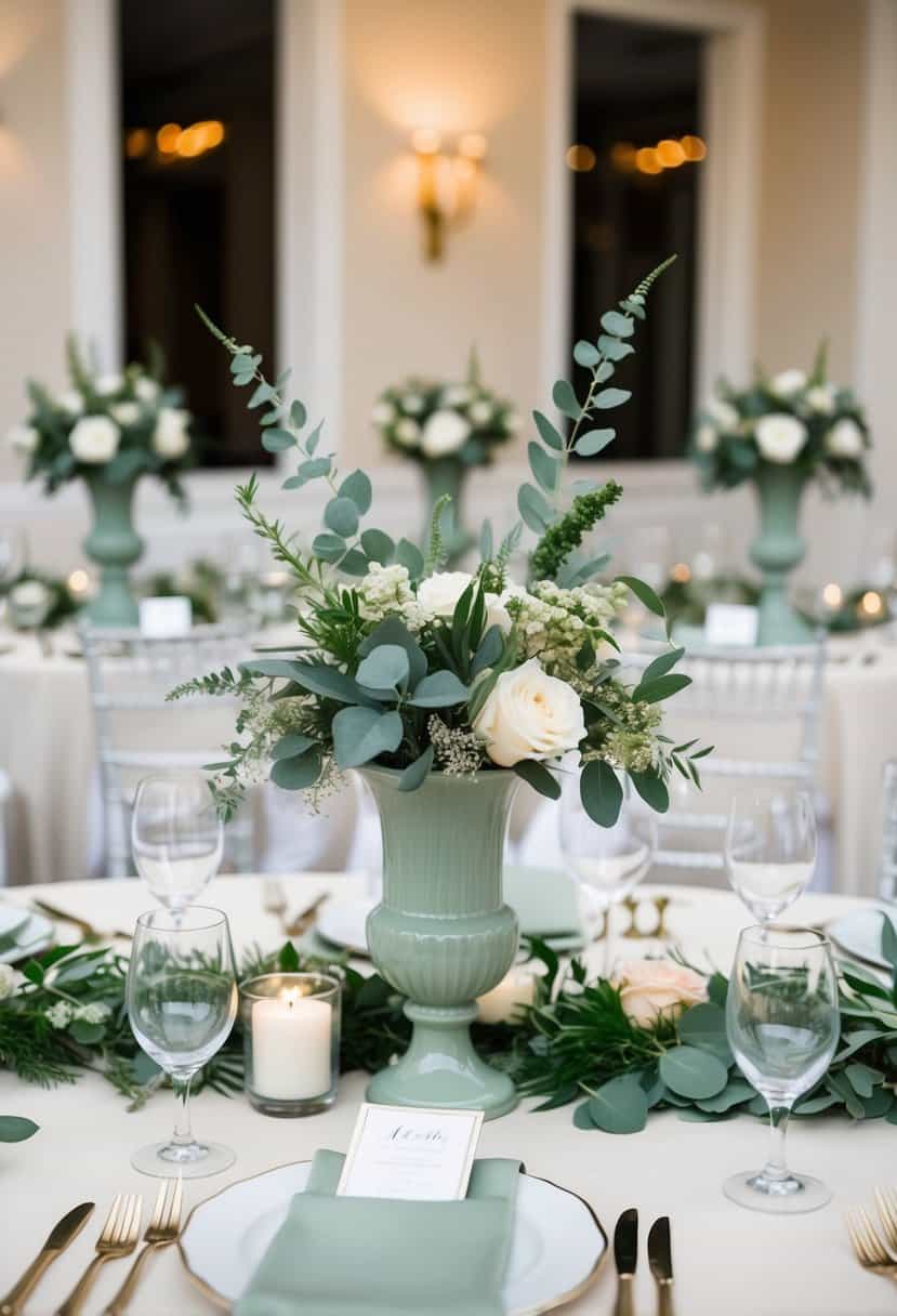 A table set with sage green and ivory centerpieces, featuring delicate flowers and foliage arranged in elegant vases