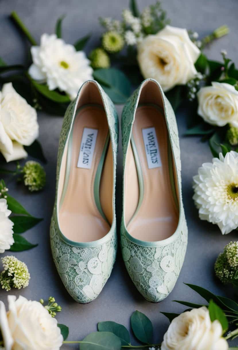 A pair of sage green lace wedding shoes surrounded by matching wedding decor and floral arrangements