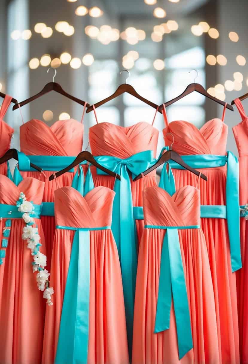 A group of coral bridesmaid dresses with aqua sashes and accessories arranged in a stylish and elegant display