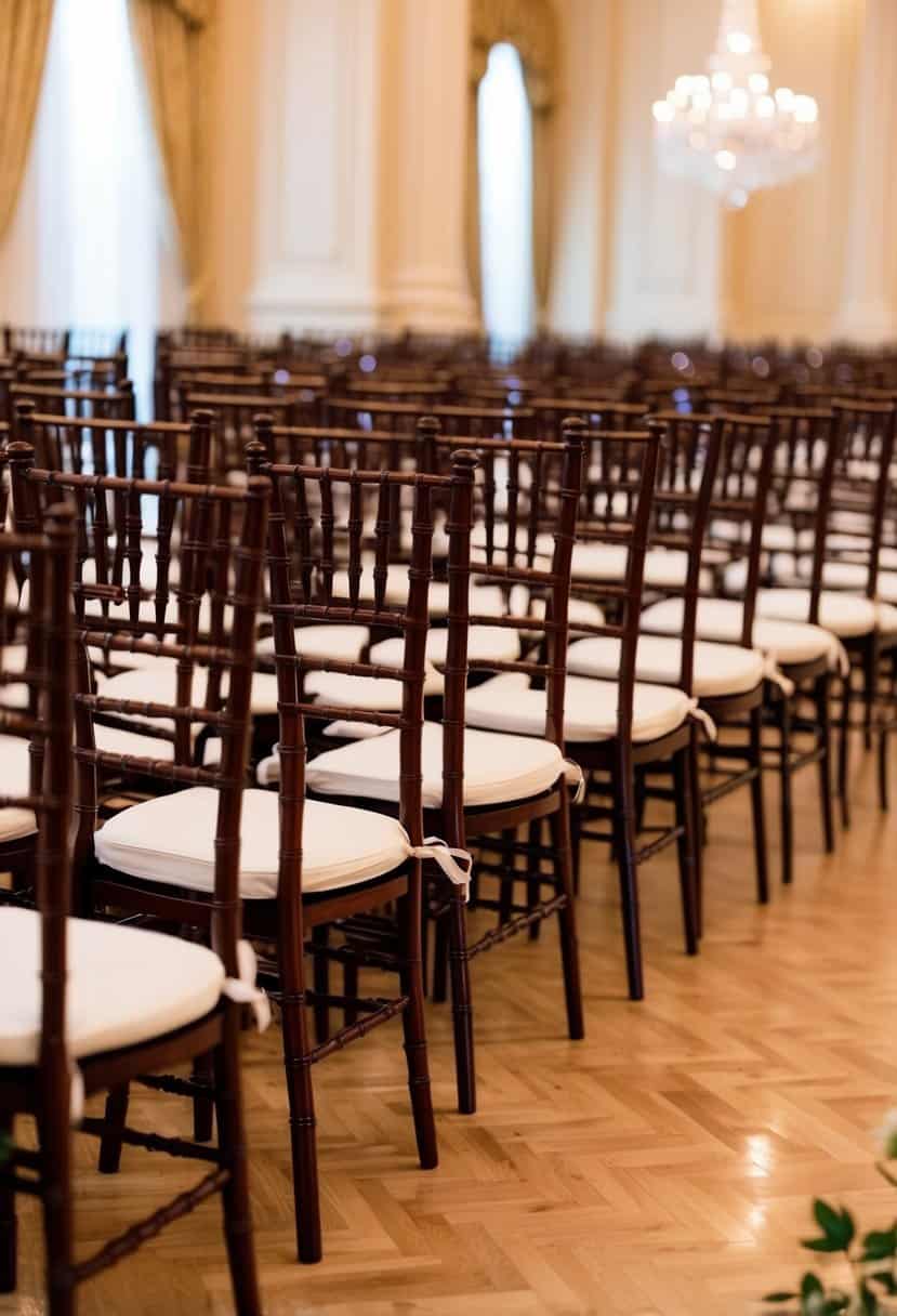 A grand ballroom with rows of mahogany Chiavari chairs set up for a wedding ceremony