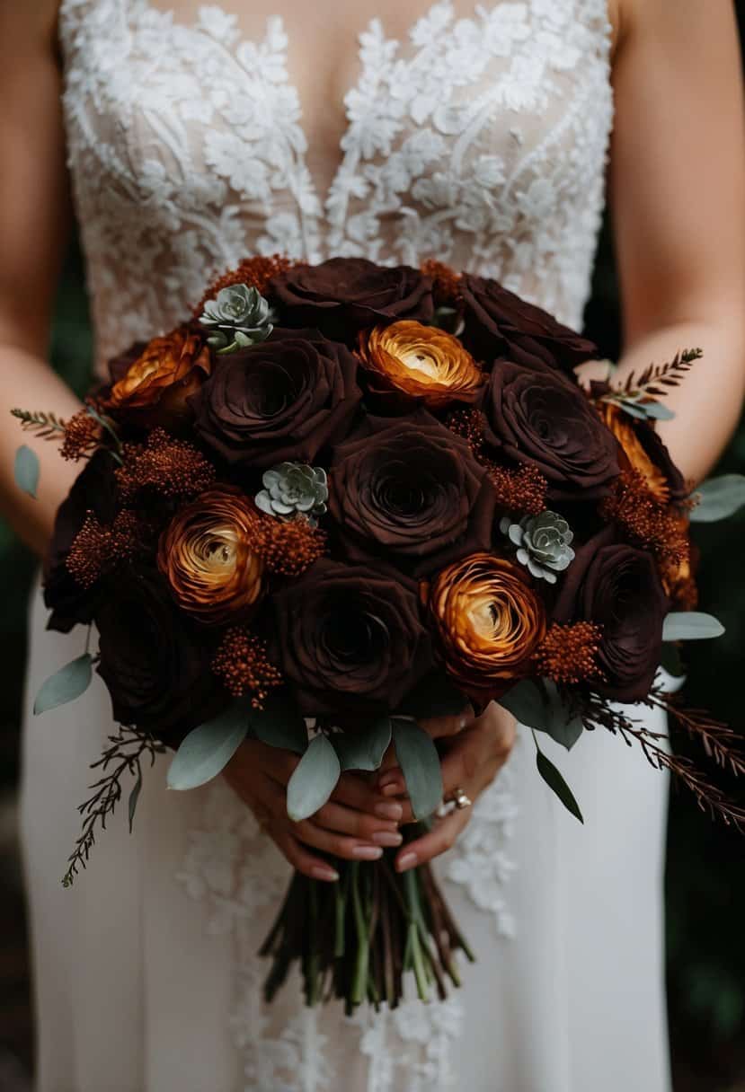 A dark brown espresso bridal bouquet with rich, earthy tones