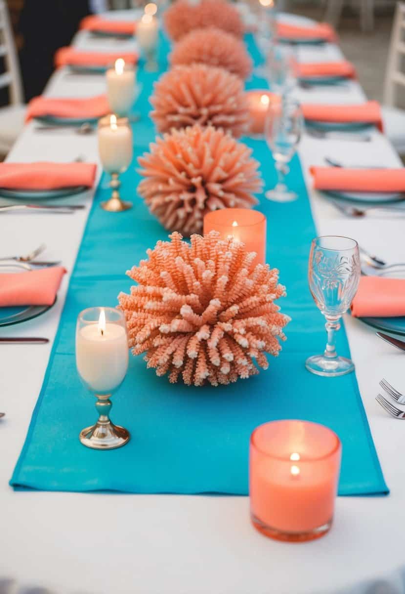 Aqua table runners with coral centerpieces adorn a wedding reception table, showcasing a harmonious blend of coral and aqua colors