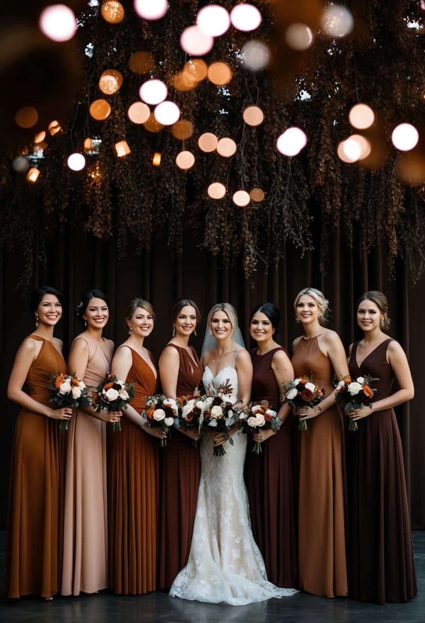 A group of bridesmaid dresses in varying shades of cinnamon, arranged in a dark brown themed wedding setting