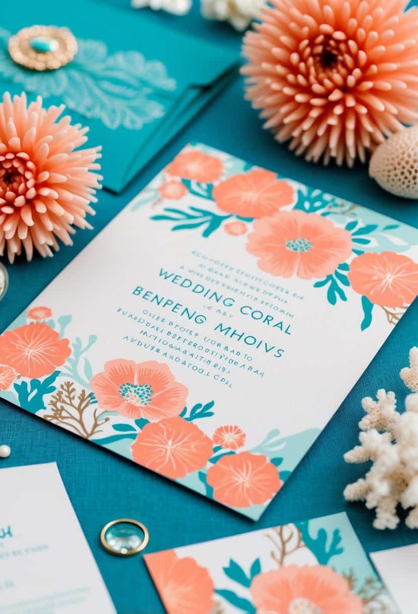A beautiful coral and aqua wedding invitation suite with delicate floral and ocean-inspired motifs