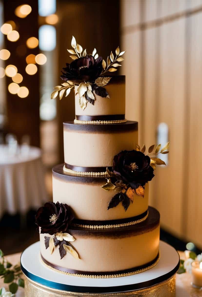 A three-tiered cappuccino wedding cake adorned with dark brown floral accents and gold leaf details