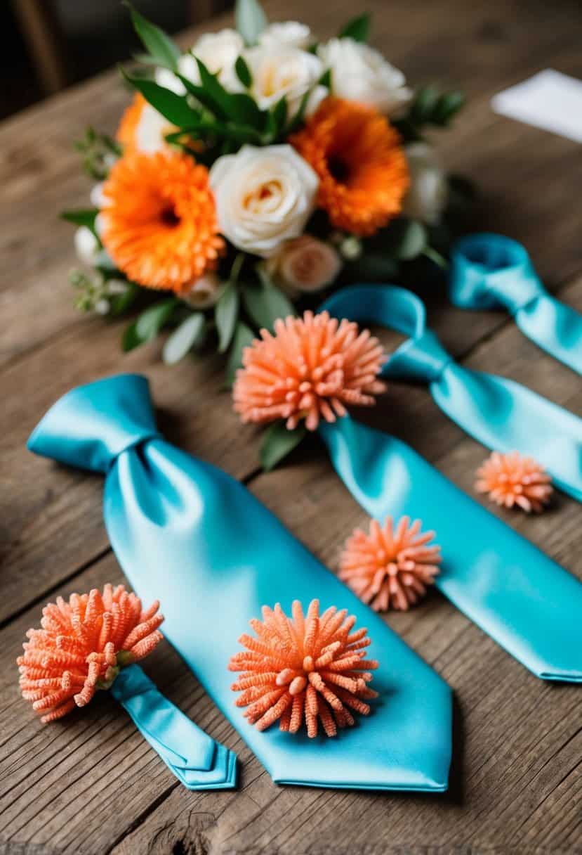 Aqua ties and coral boutonnieres arranged on a rustic wooden table