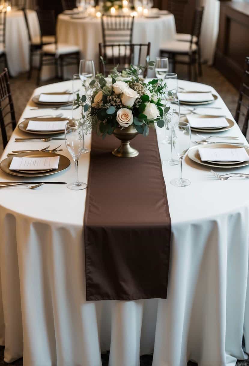 A dark brown chestnut table runner lays across a white table, surrounded by elegant wedding decor