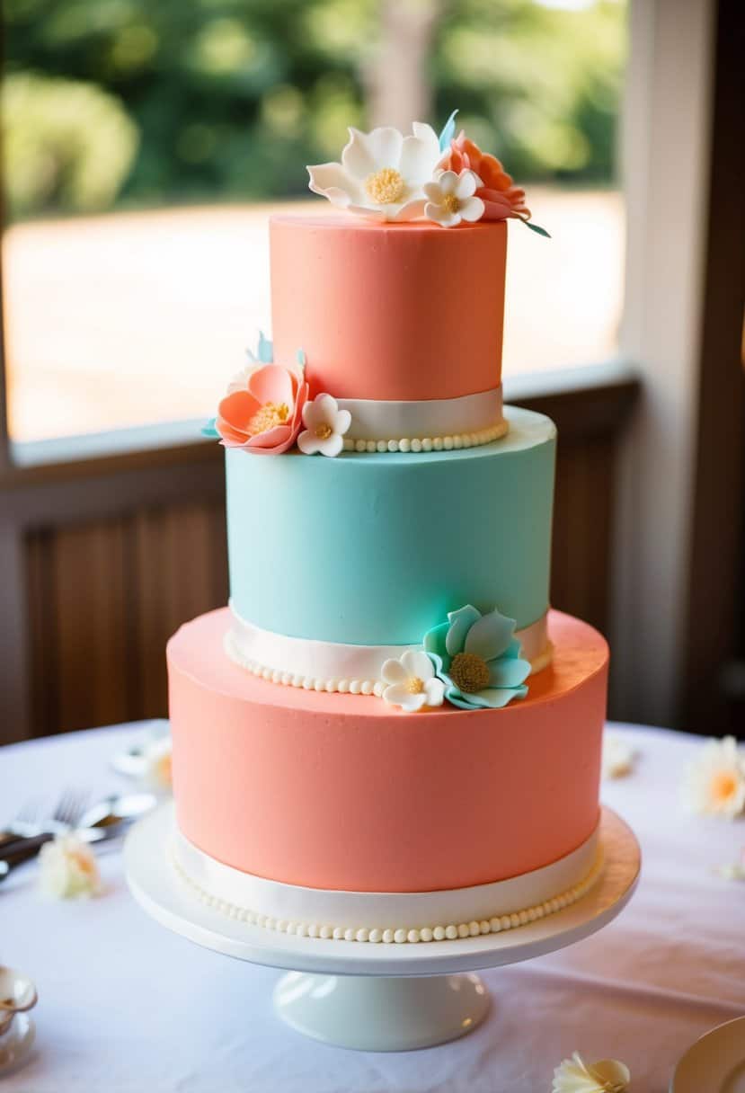A three-tiered wedding cake with coral and aqua frosting, adorned with delicate sugar flowers and intricate piping designs