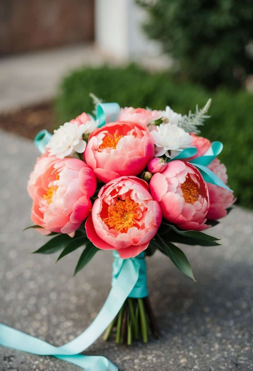 A bridal bouquet featuring coral peonies and aqua ribbons