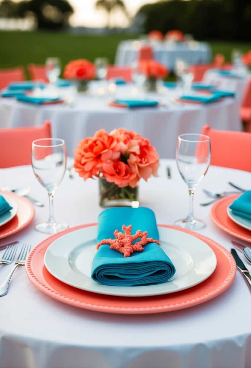 A table set with aqua napkins and coral table settings for a wedding