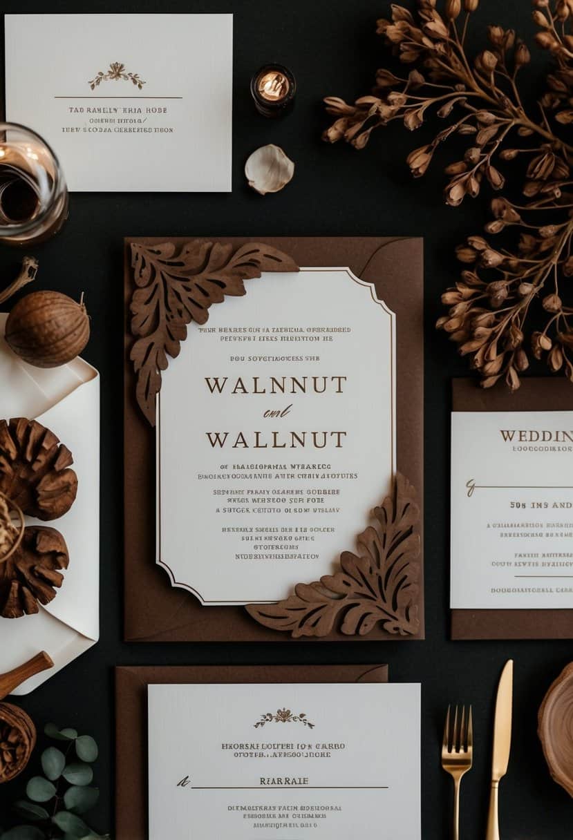 A dark brown walnut-themed wedding invitation suite with elegant details and rustic elements