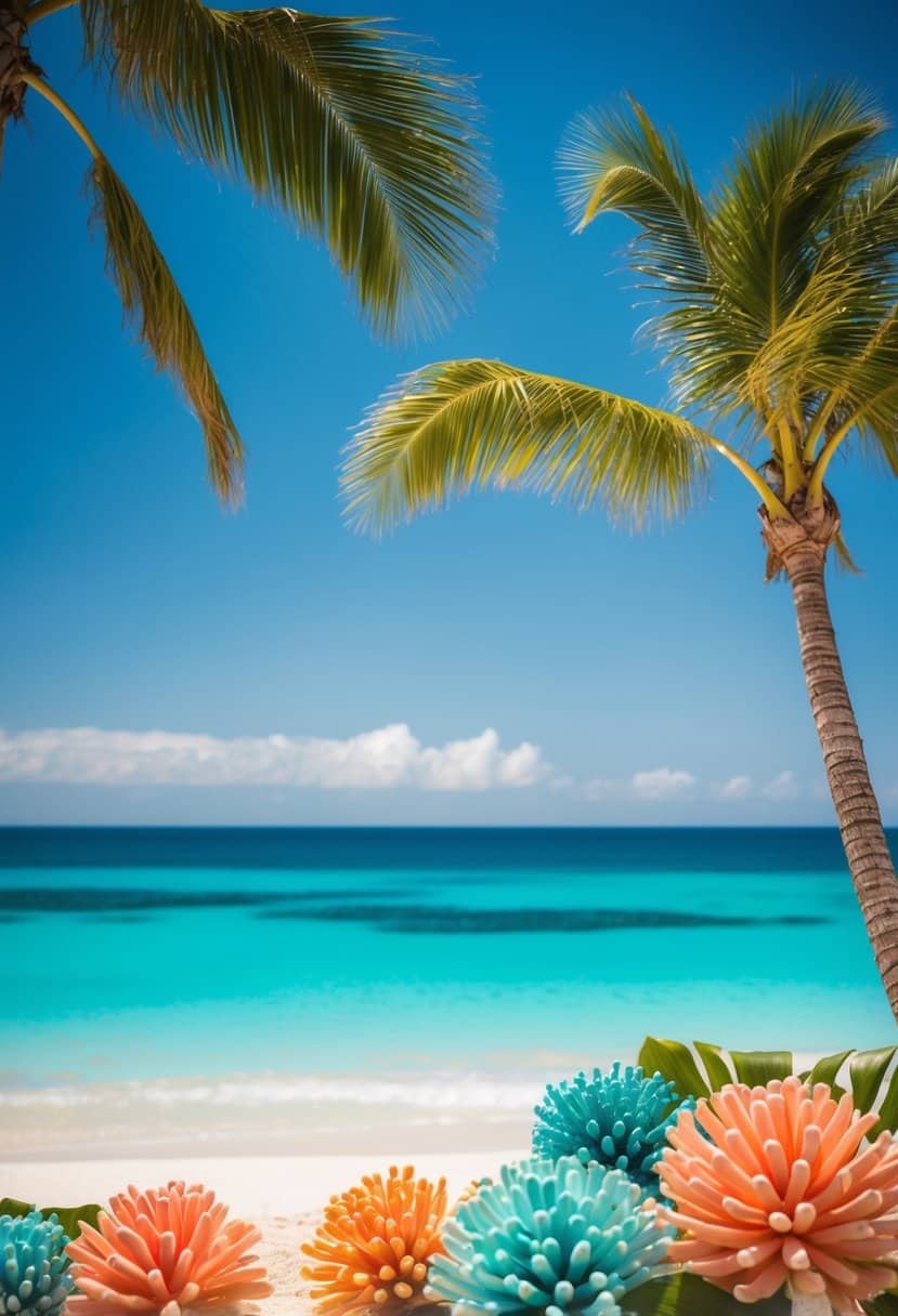 A tropical beach scene with coral and aqua-colored flowers, palm trees, and a clear blue ocean backdrop