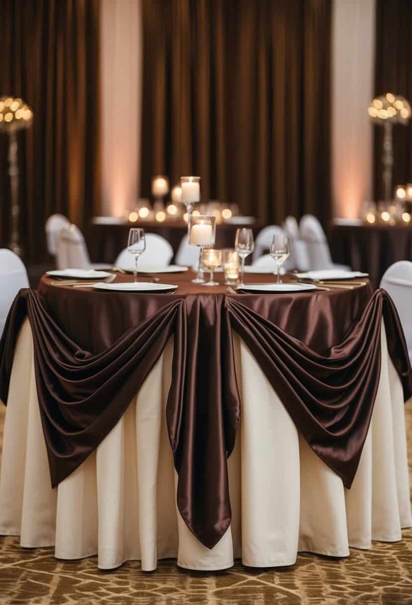 Dark brown mink reception table linens draped elegantly over a wedding banquet table, creating a warm and luxurious atmosphere