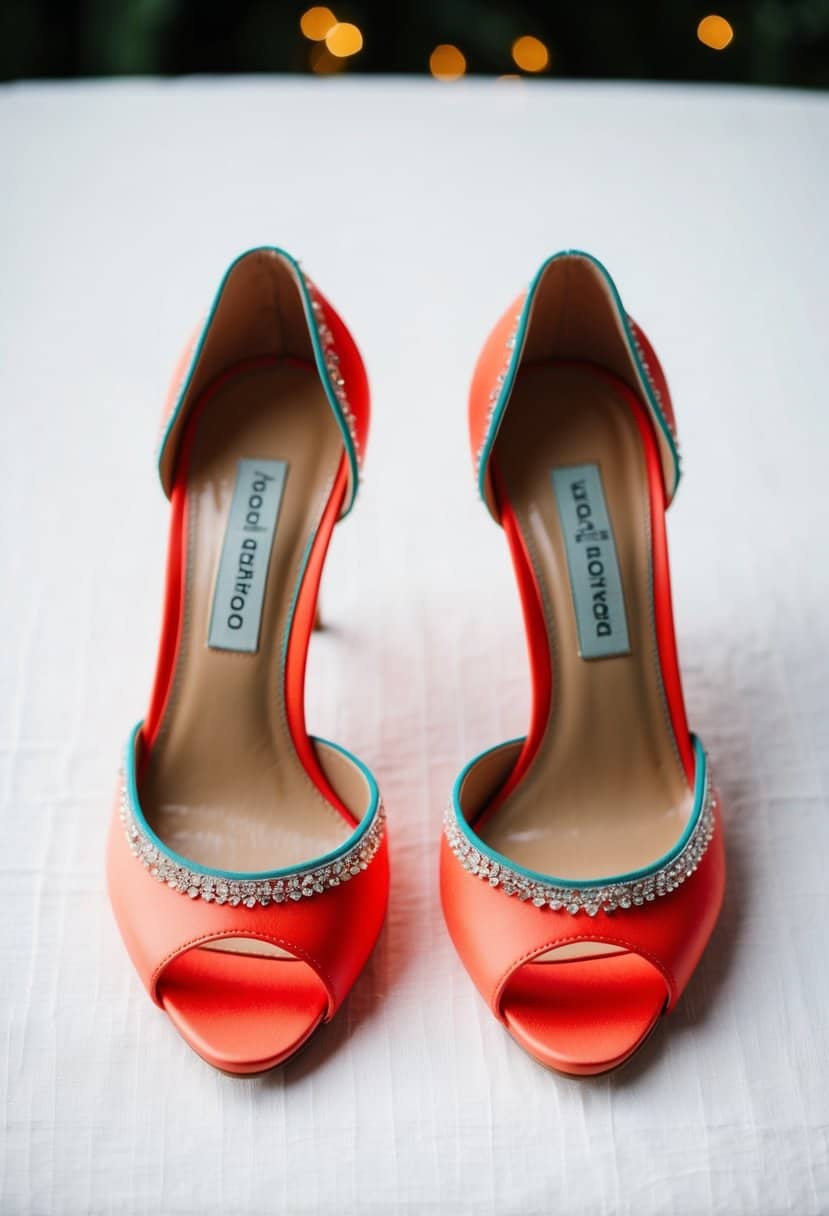 A pair of coral wedding heels with aqua trim on a white background
