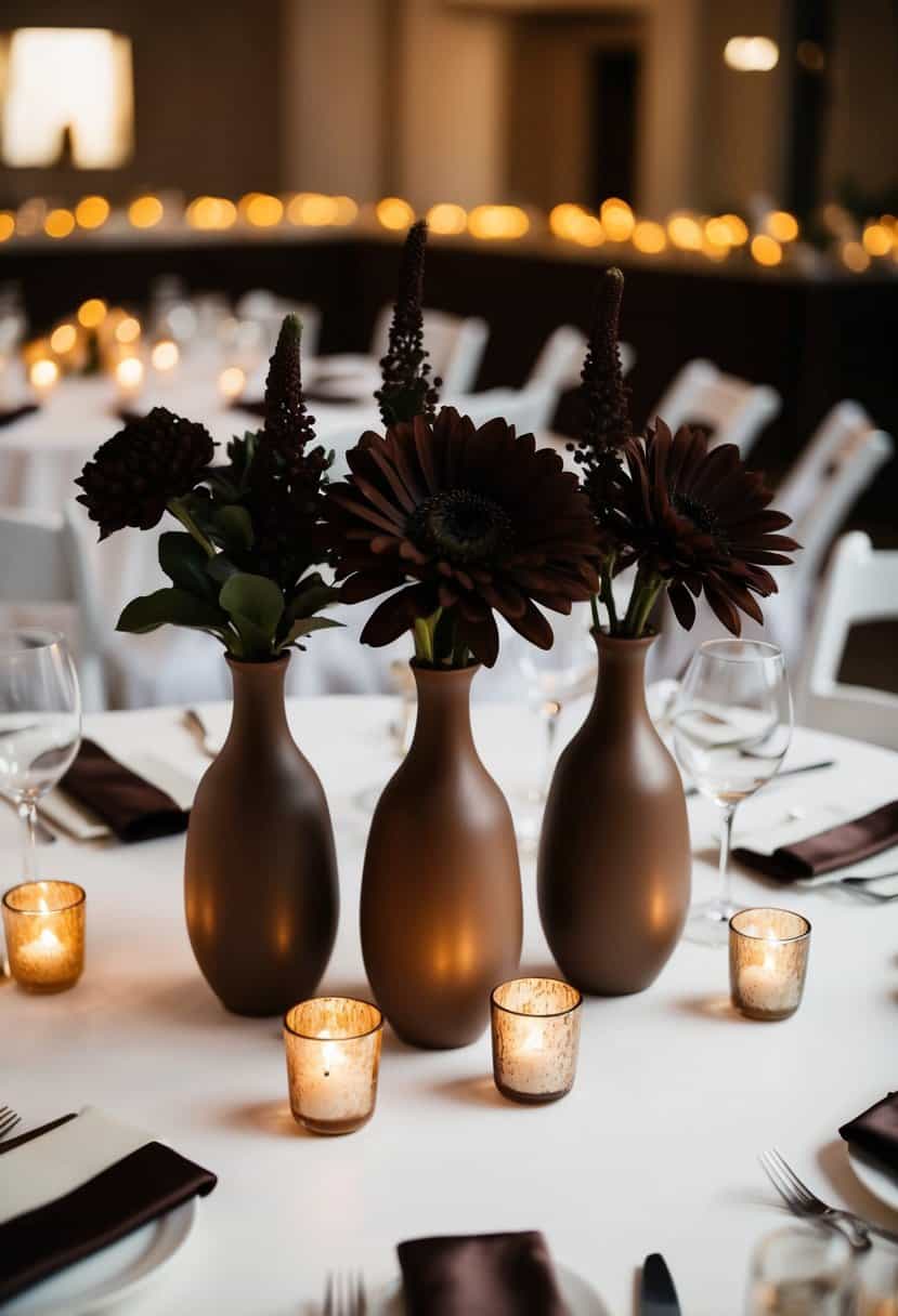 Three mocha-colored vases arranged as centerpieces on a white table, filled with dark brown flowers and surrounded by flickering candles