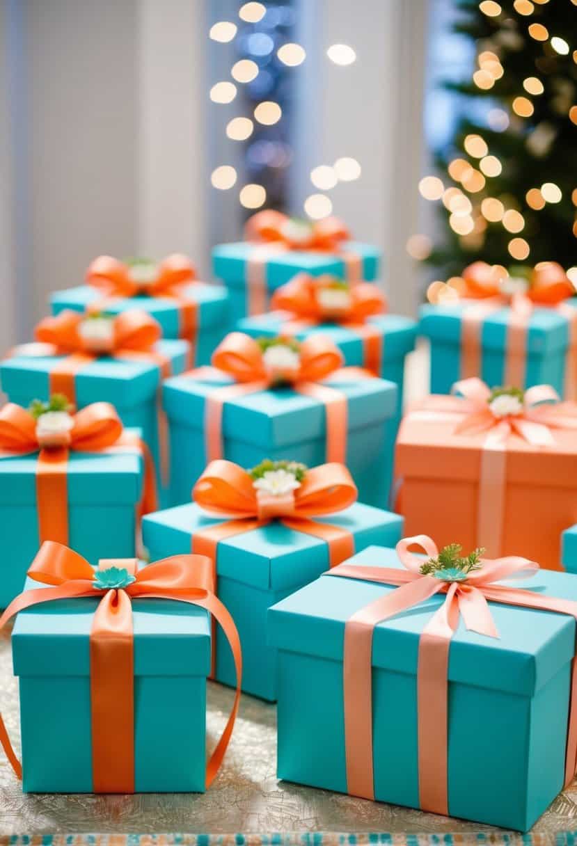 Aqua and coral gift boxes arranged on a table with coordinating ribbons and floral accents