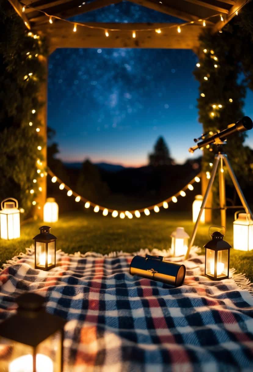 A cozy picnic blanket under a starry sky, surrounded by glowing lanterns and a telescope
