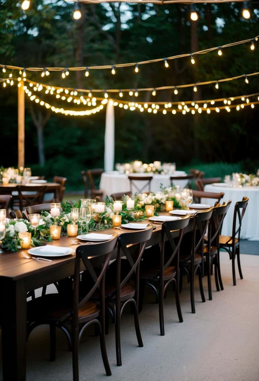 A cozy outdoor wedding reception with tawny twinkle lights draped over dark brown wooden tables and chairs, creating a warm and intimate atmosphere