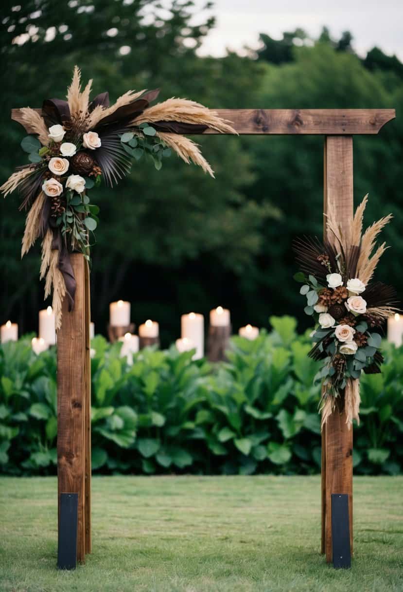 A rustic wooden arch adorned with dark brown and earthy wedding decor, set against a backdrop of lush greenery and soft candlelight