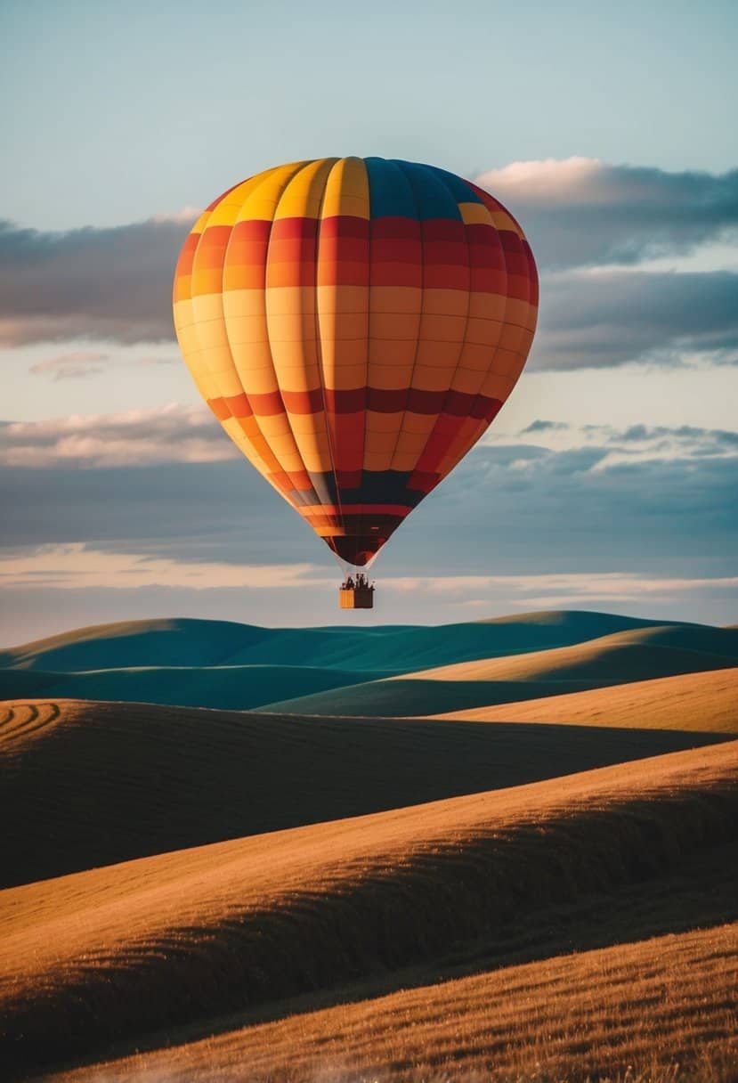 A colorful hot air balloon floats above rolling hills at sunset