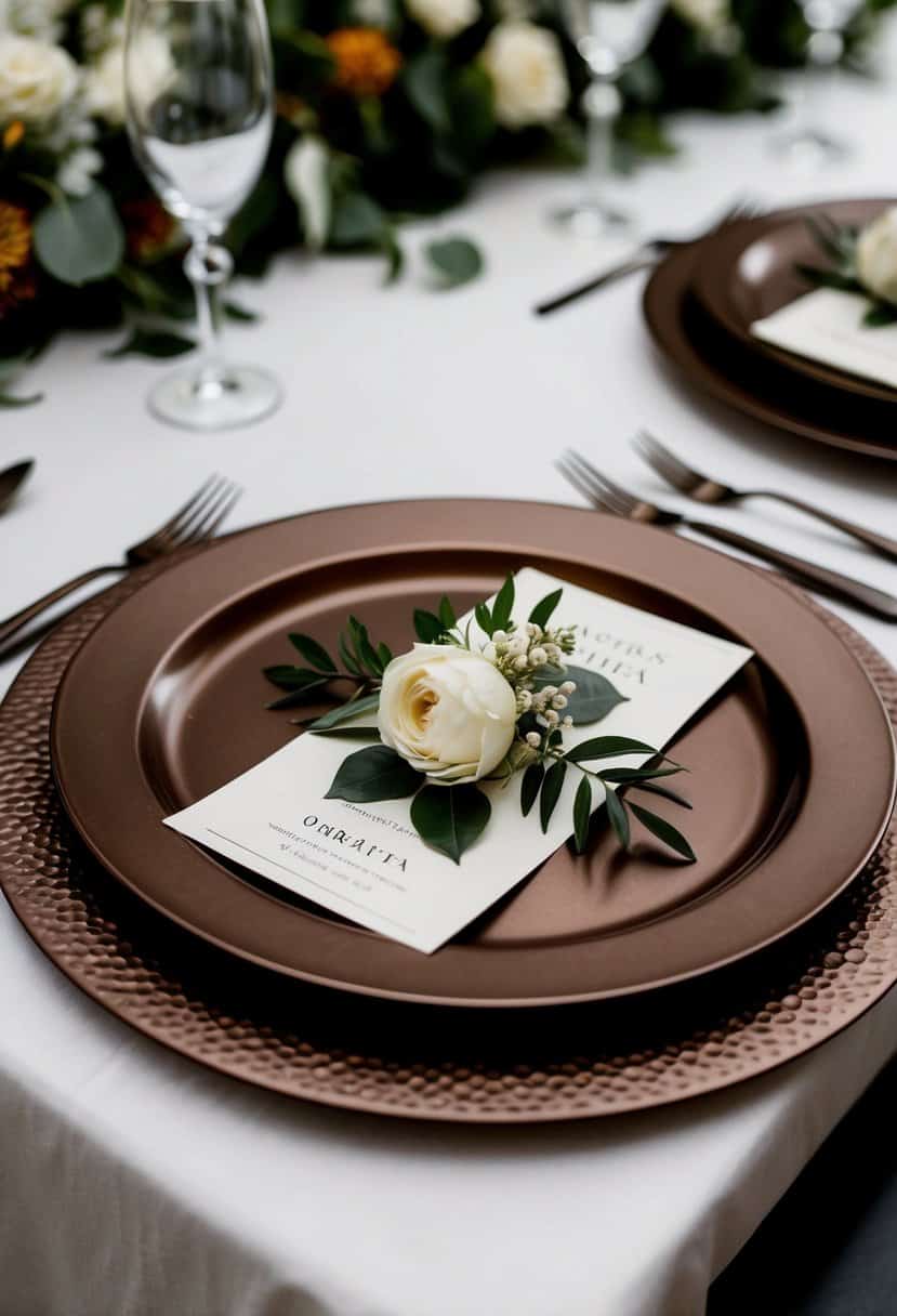 A table set with dark brown bronze charger plates for a wedding