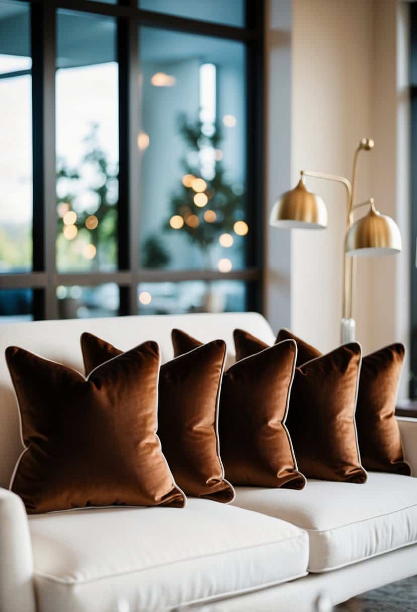 Dark brown maple accent pillows arranged on a white sofa