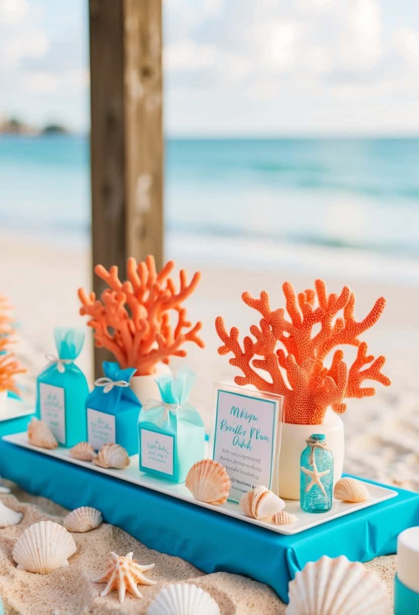 A beach-themed wedding favor display with coral and aqua colored items arranged on a table with seashells and sand