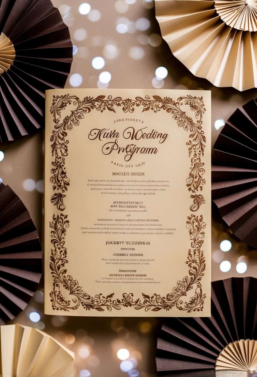 A sepia-toned wedding program surrounded by dark brown fan decorations