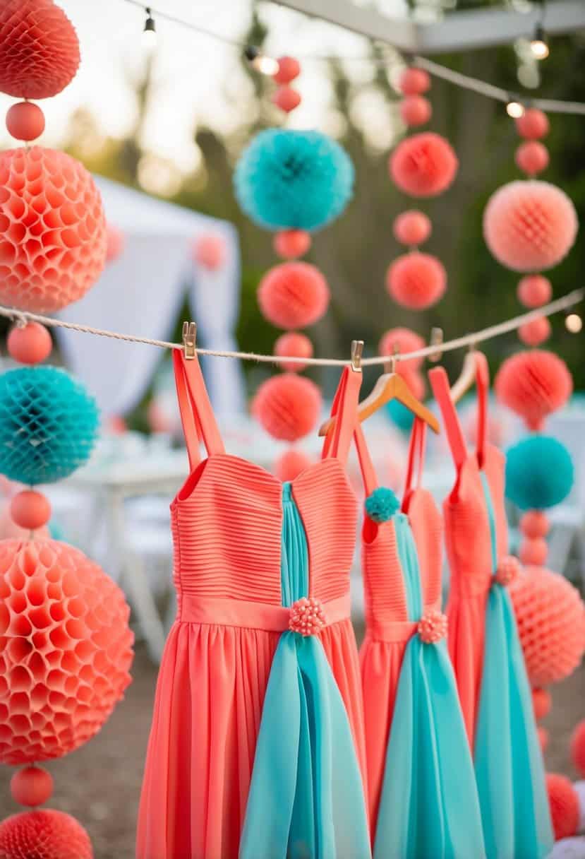 Coral flower girl dresses with aqua sashes hanging on a line, surrounded by coral and aqua wedding decor