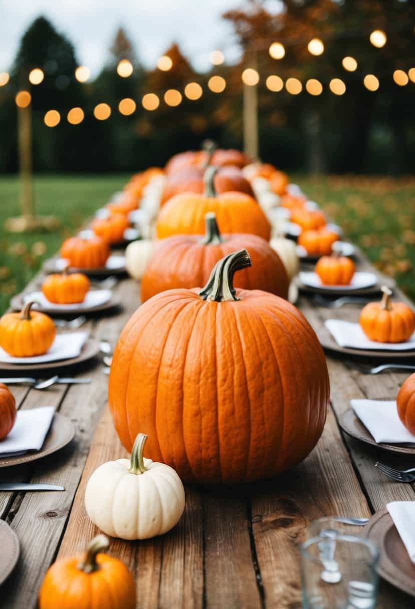 A rustic wooden table adorned with pumpkin centerpieces in varying shades of orange, creating a warm and inviting ambiance for an autumn wedding