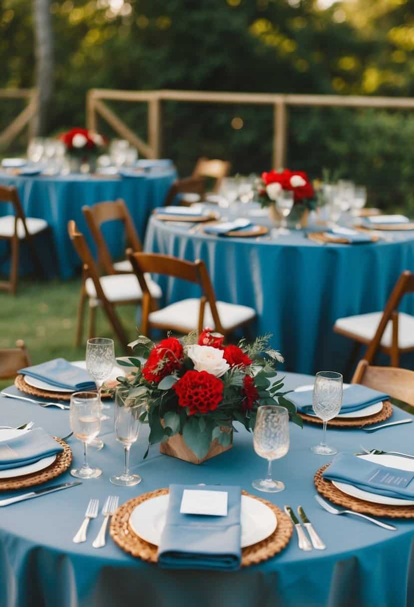 Dusty blue tablecloths with red floral centerpieces on a rustic wooden table