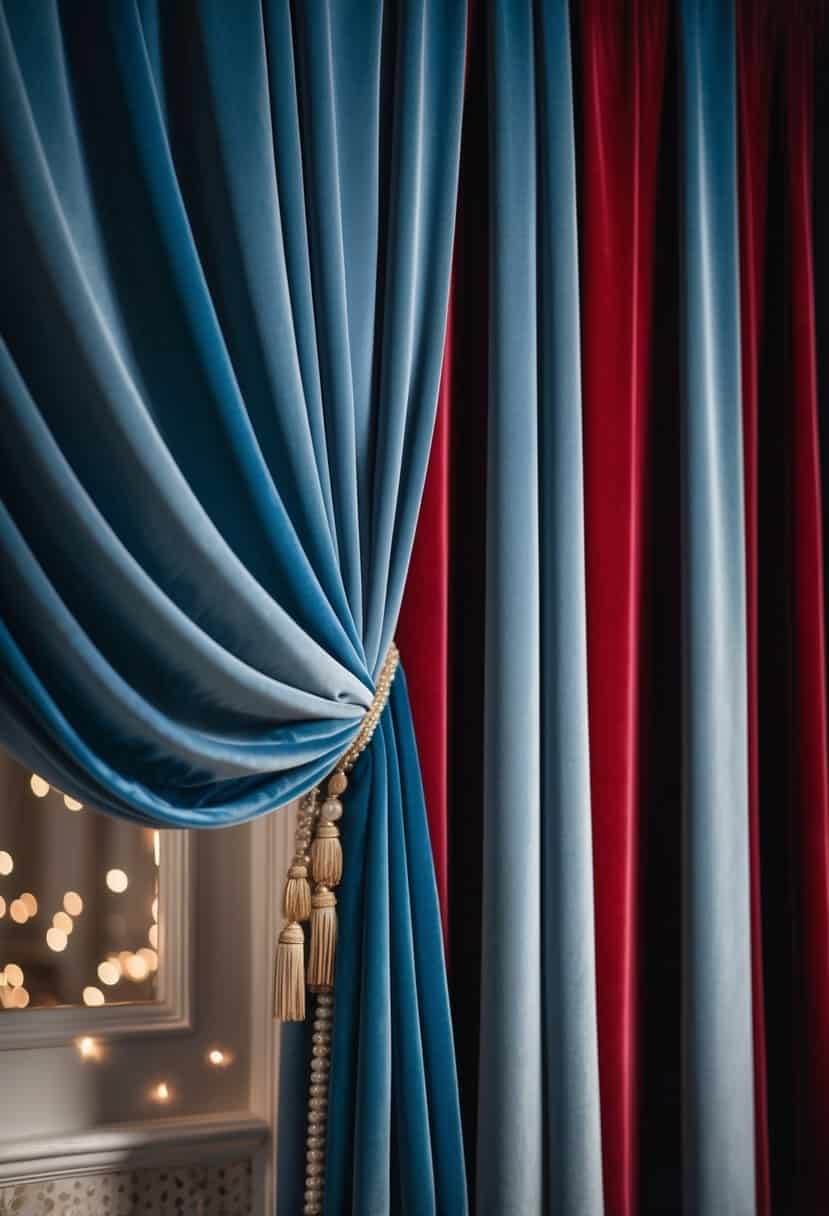 Dusty blue and red velvet drapes cascading in elegant folds, creating a luxurious and romantic atmosphere