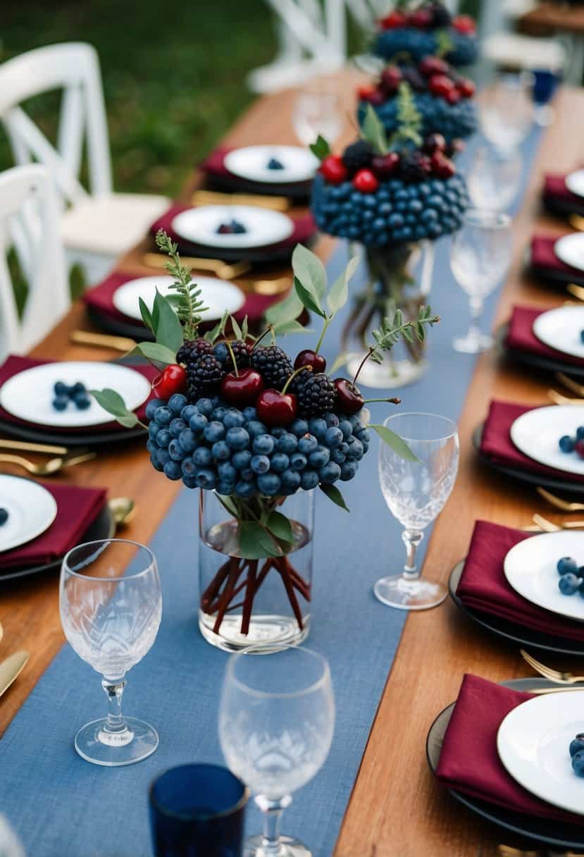 A table set with dusty blue and red centerpieces made of blueberries and cherries, accented with greenery and placed in clear glass vases
