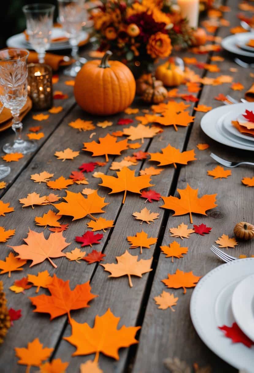 A rustic wooden table scattered with maple leaf confetti in shades of orange and red, surrounded by autumn wedding decor