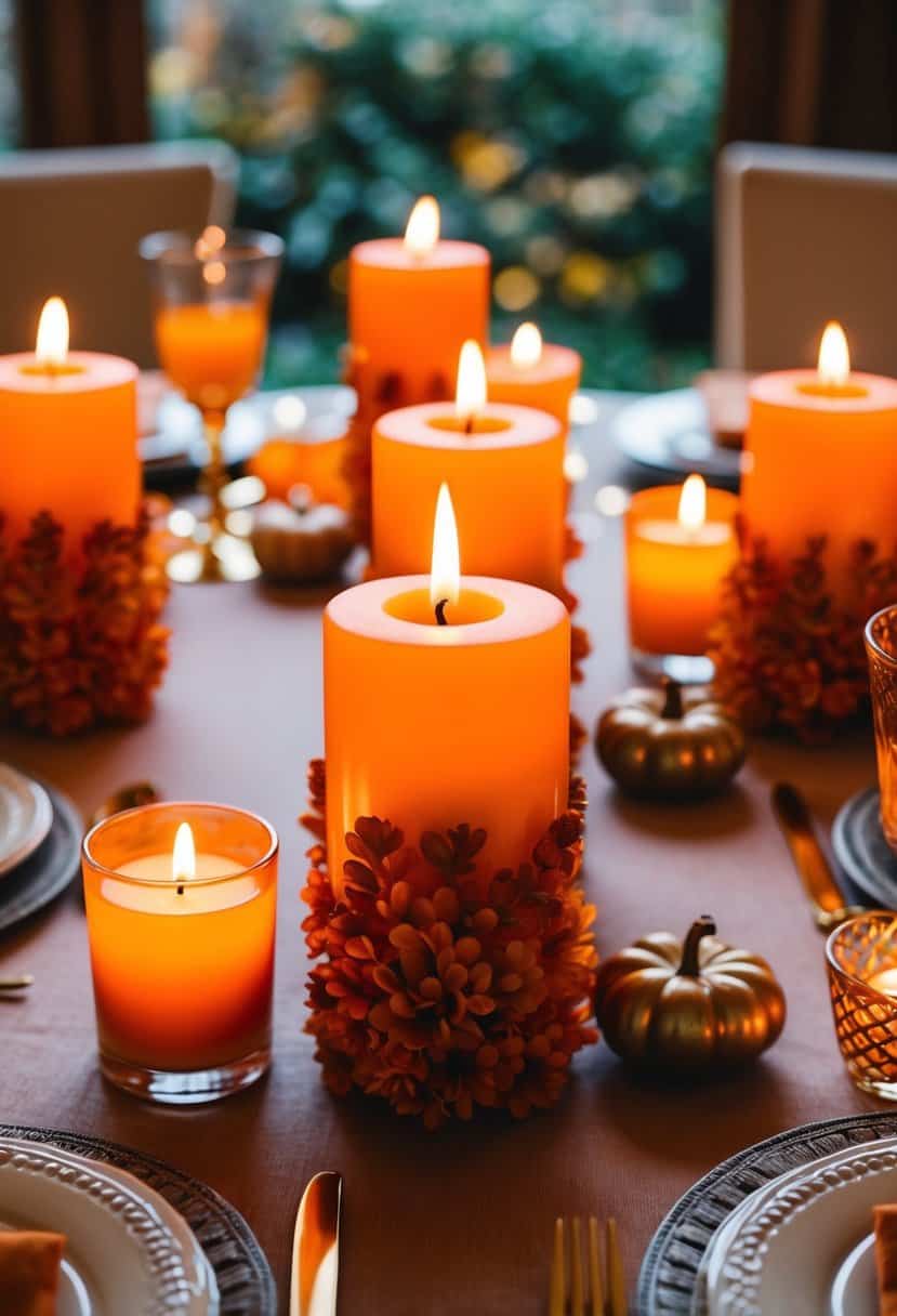 A table adorned with cinnamon-scented candles in hues of orange, evoking the warmth and coziness of an autumn wedding