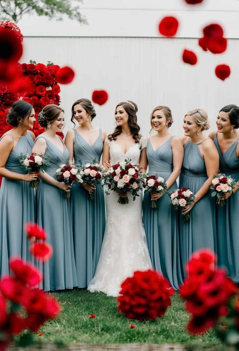 A group of bridesmaid dresses in a dusty blue color, surrounded by red wedding decor and flowers