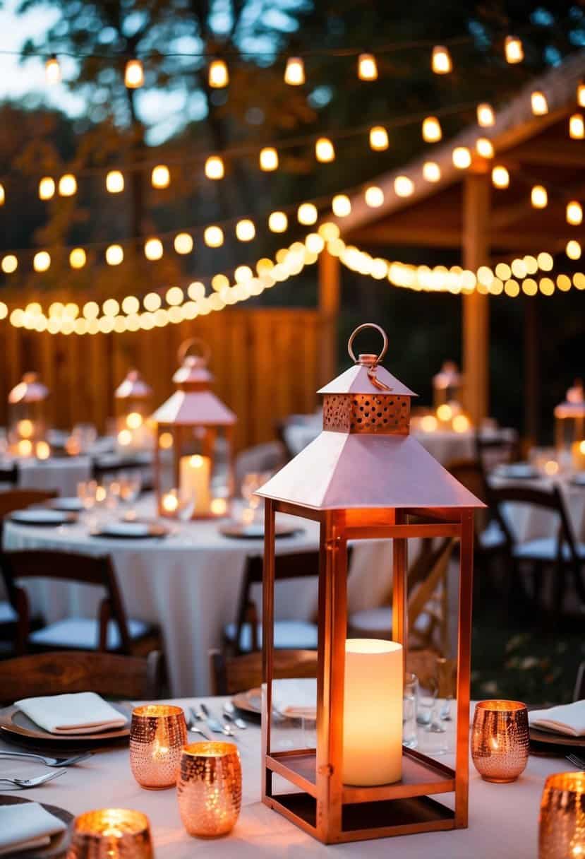 A rustic outdoor setting with copper lanterns illuminating an autumn wedding reception