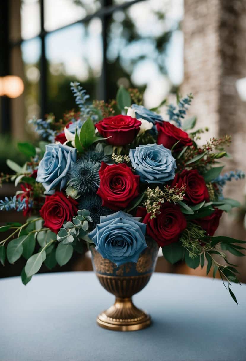 A dusty blue and red wedding bouquet with crimson roses and greenery arranged in a vintage vase