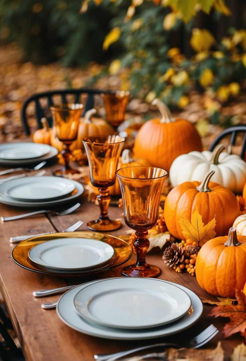 A table set with amber glassware, surrounded by autumn leaves and pumpkins
