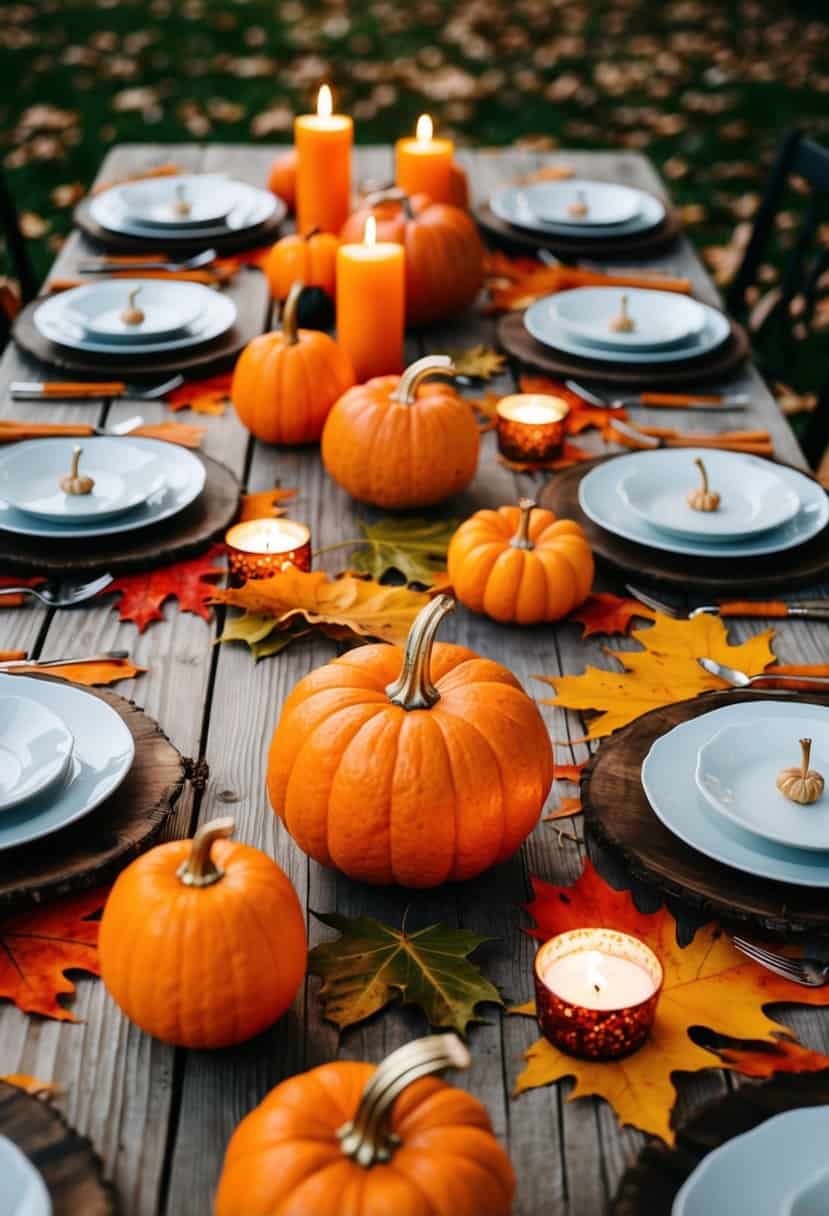 A wooden table adorned with autumn leaves, pumpkins, and orange candles
