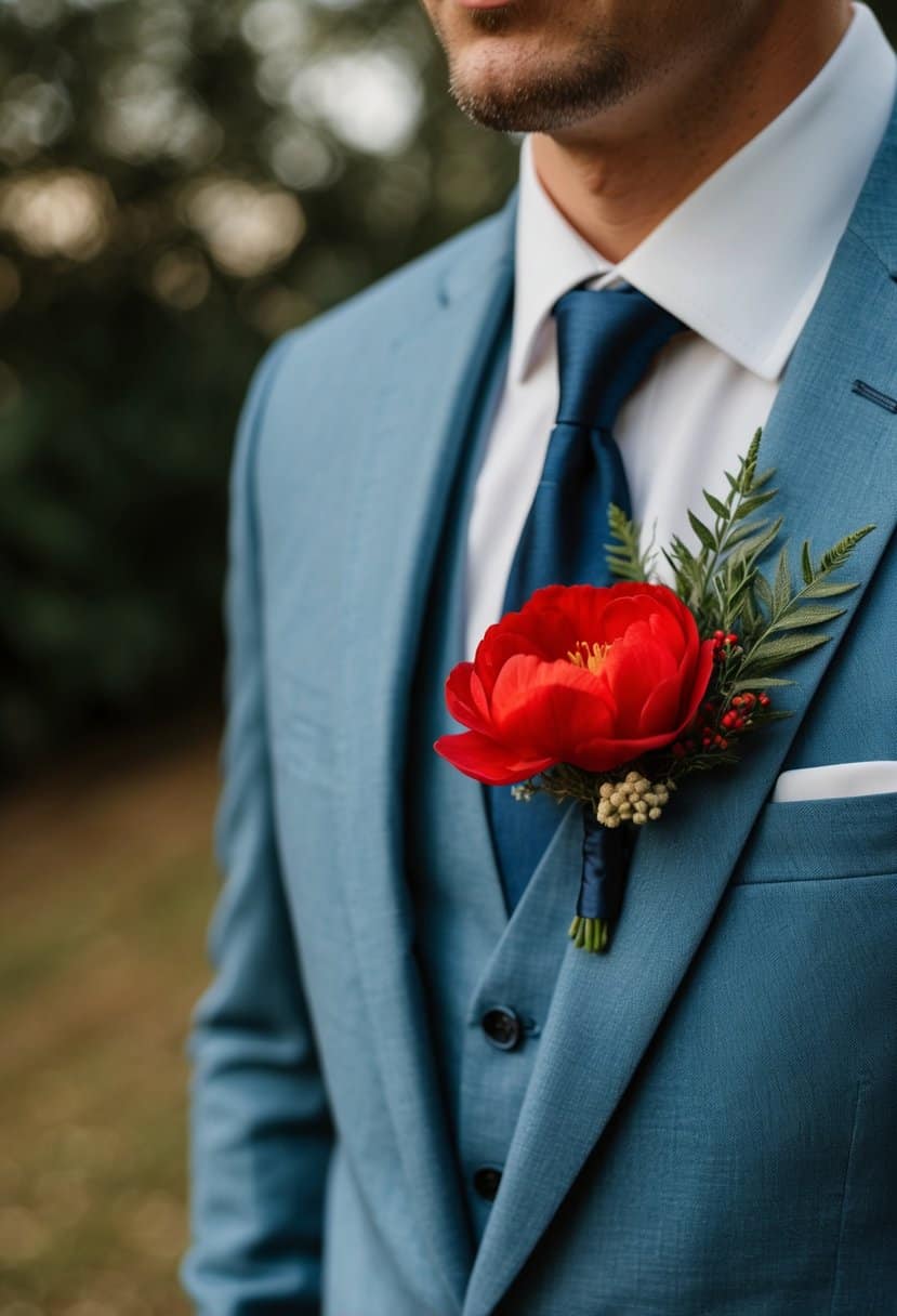 A dusty blue suit lapel adorned with a vibrant scarlet red boutonnière